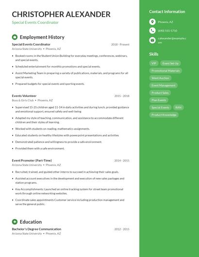 Special Events Coordinator Resume