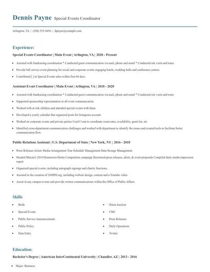 Special Events Coordinator Resume