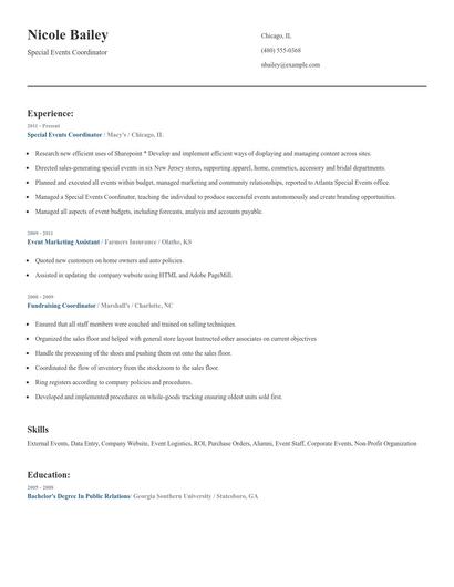 Special Events Coordinator Resume