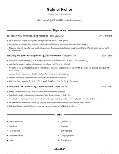 Special Events Coordinator Resume