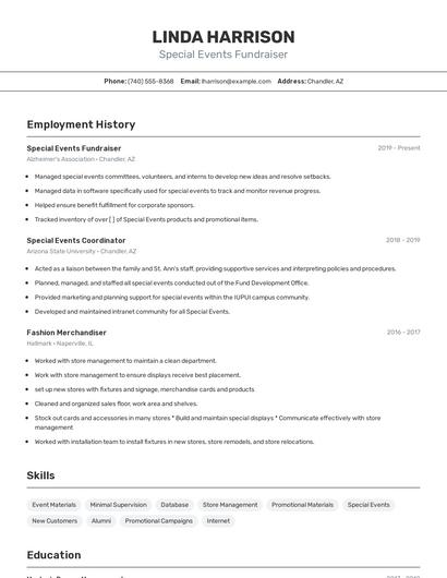 Special Events Fundraiser Resume