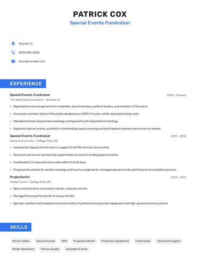 Special Events Fundraiser Resume