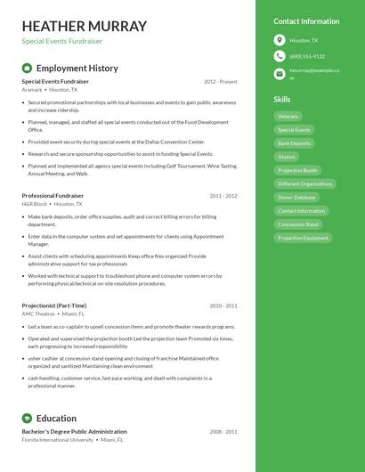 Special Events Fundraiser Resume