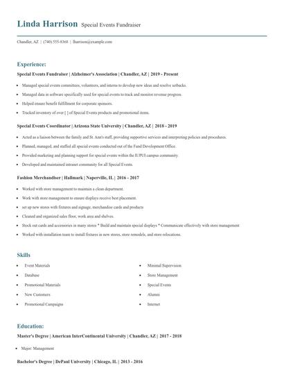 Special Events Fundraiser Resume