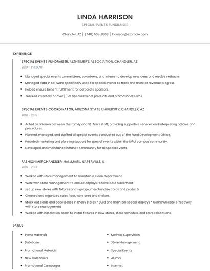 Special Events Fundraiser Resume