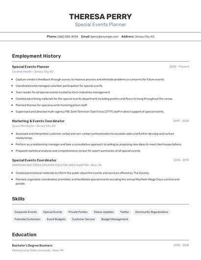 Special Events Planner Resume
