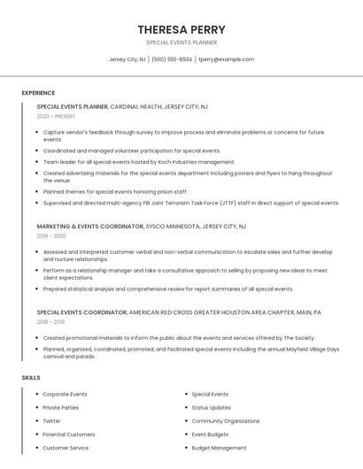 Special Events Planner Resume