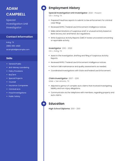 Special Investigation Unit Investigator Resume