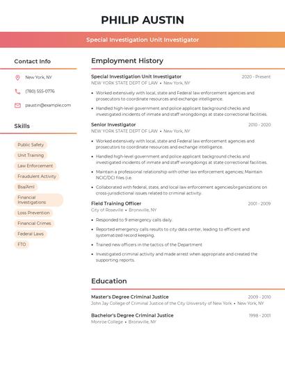 Special Investigation Unit Investigator Resume