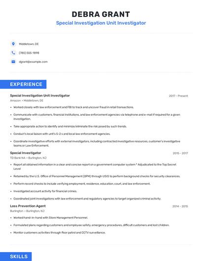 Special Investigation Unit Investigator Resume