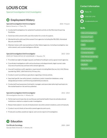 Special Investigation Unit Investigator Resume