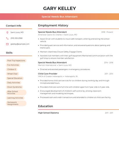 Special Needs Bus Attendant Resume