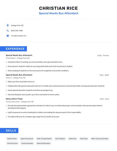 Special Needs Bus Attendant Resume