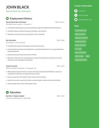 Special Needs Bus Attendant Resume