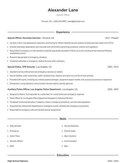 Special Officer Resume