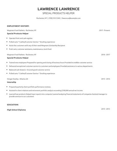Special Products Helper Resume