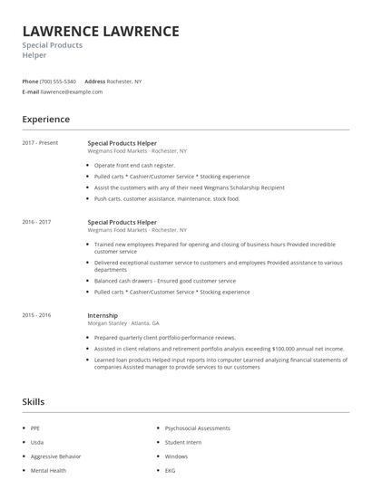 Special Products Helper Resume