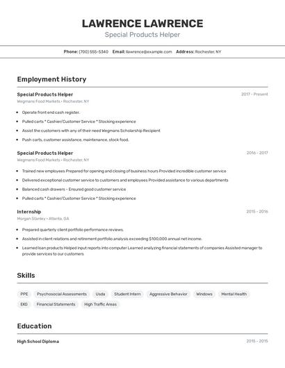 Special Products Helper Resume