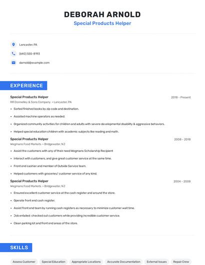 Special Products Helper Resume