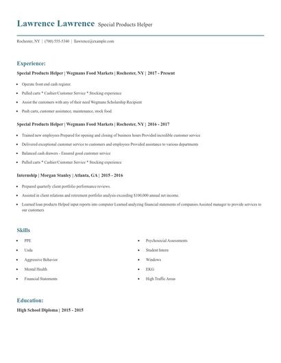 Special Products Helper Resume