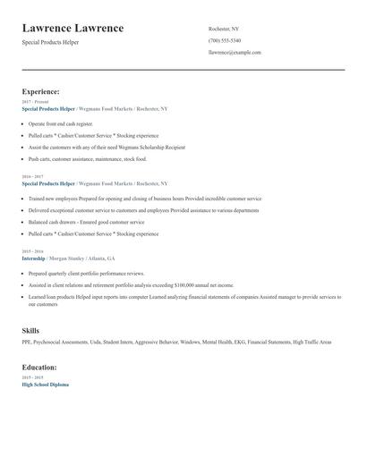 Special Products Helper Resume