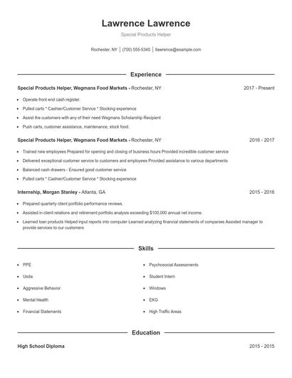 Special Products Helper Resume