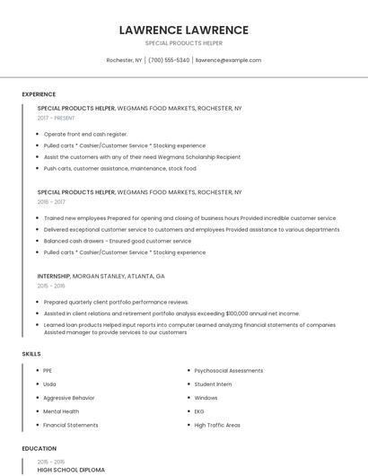 Special Products Helper Resume