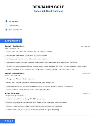 Specialist-Small Business Resume