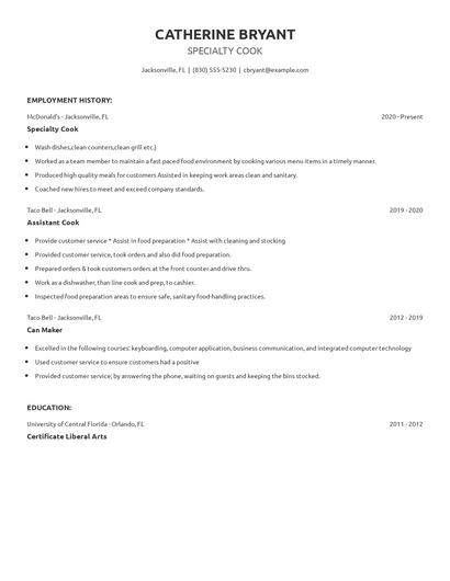 Specialty Cook Resume