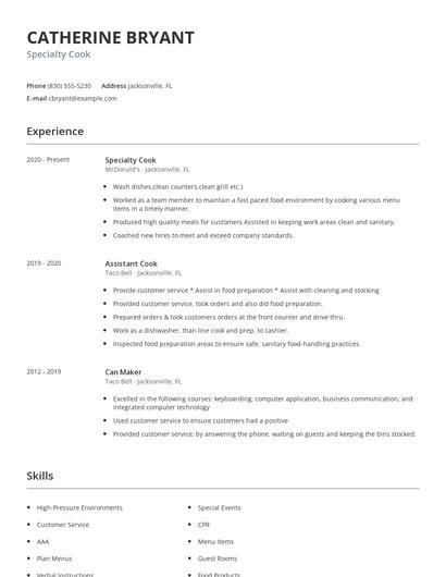 Specialty Cook Resume