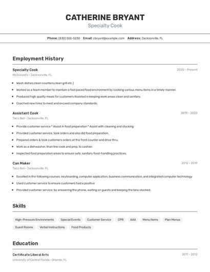 Specialty Cook Resume