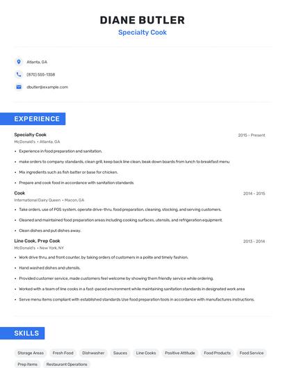 Specialty Cook Resume