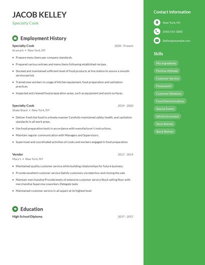 Specialty Cook Resume