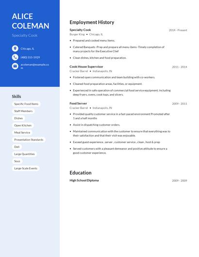 Specialty Cook Resume