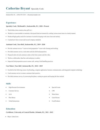 Specialty Cook Resume