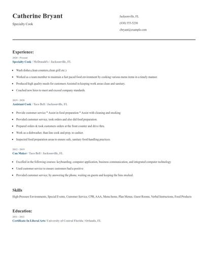 Specialty Cook Resume