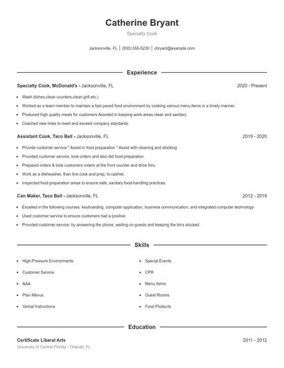 Specialty Cook Resume