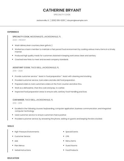 Specialty Cook Resume