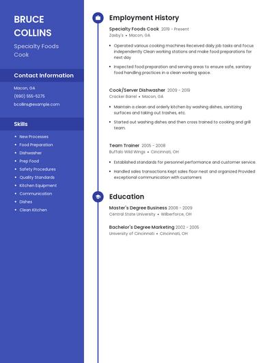 Specialty Foods Cook Resume