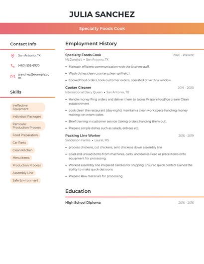Specialty Foods Cook Resume