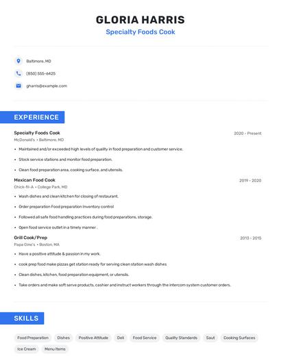 Specialty Foods Cook Resume