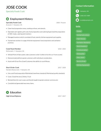 Specialty Foods Cook Resume