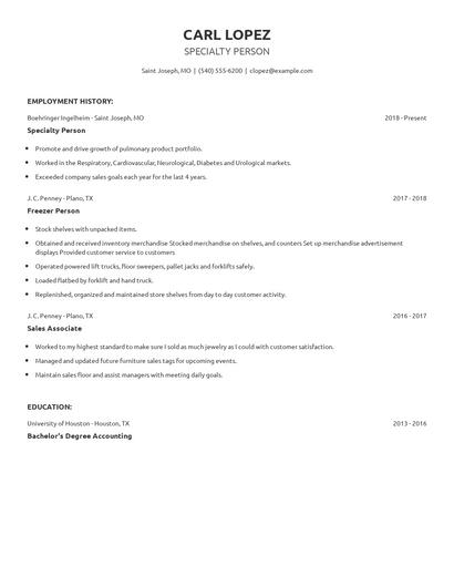 Specialty Person Resume