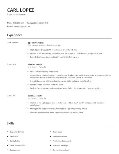 Specialty Person Resume