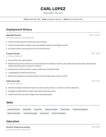 Specialty Person Resume