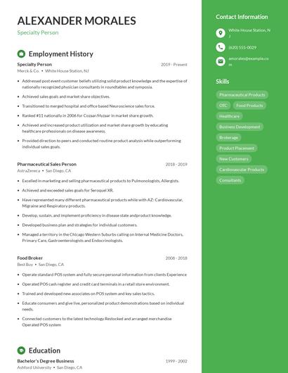 Specialty Person Resume