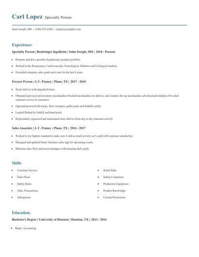 Specialty Person Resume
