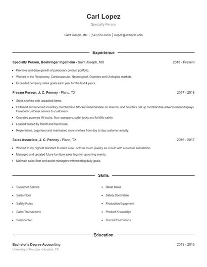 Specialty Person Resume