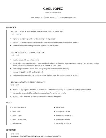 Specialty Person Resume