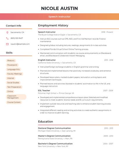 Speech Instructor Resume